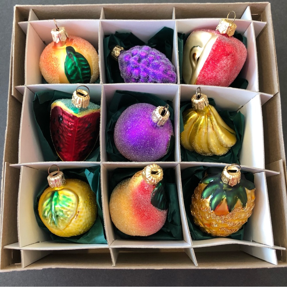Made in Poland~  9 Mini Sugared & Glittered Fruit~  Vintage Christmas Ornaments